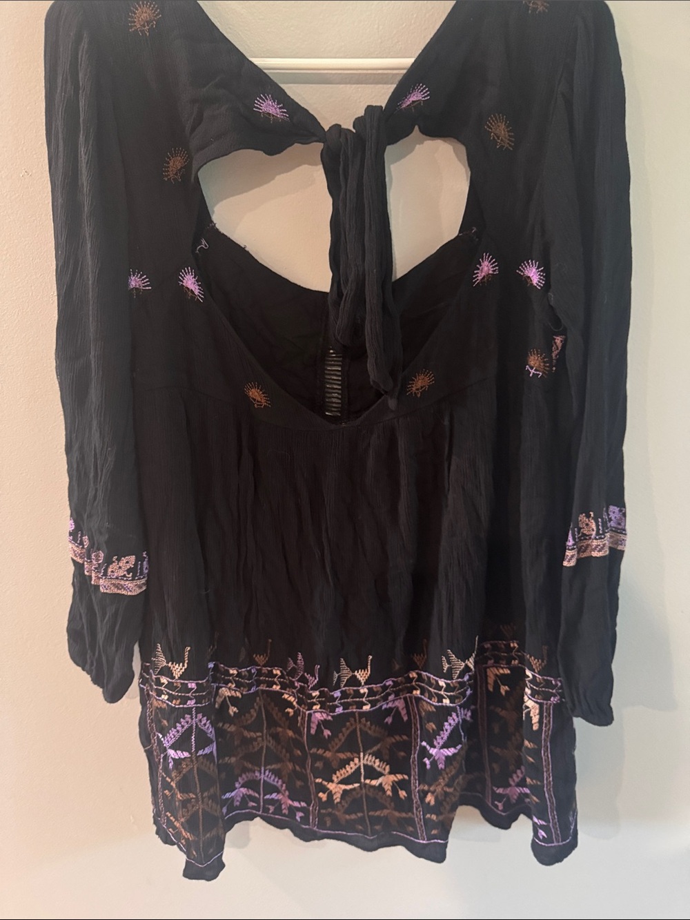 Free People XS Black Embroidered Boho Mini Dress Tie Back Long Sleeve - Picture 4 of 7